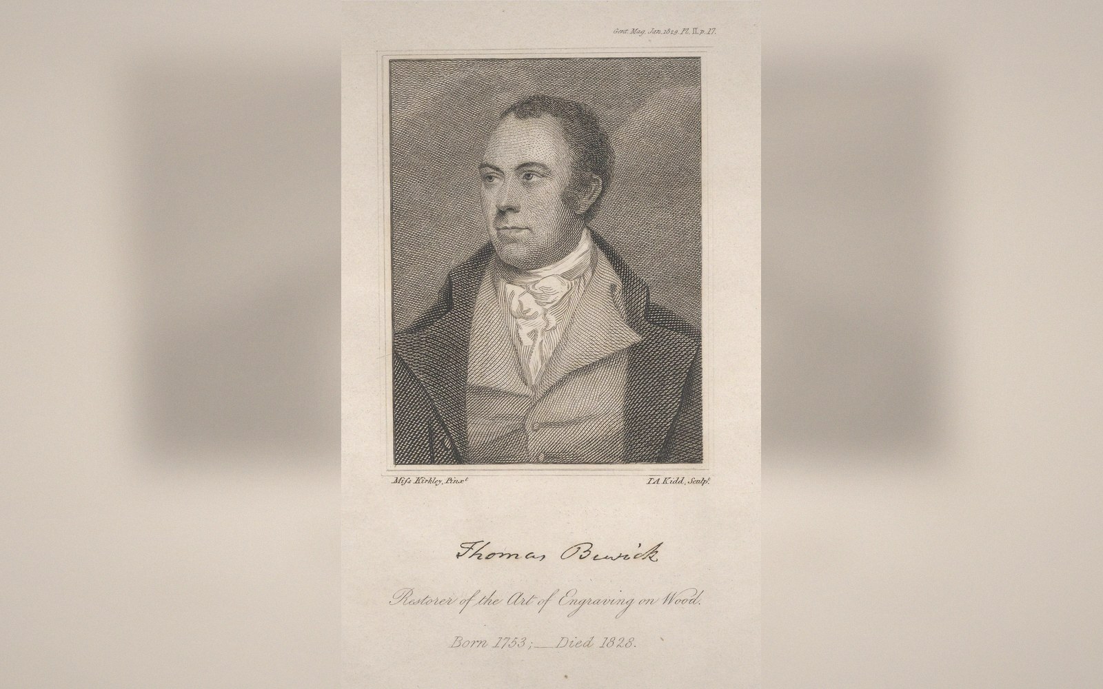 Engraved portrait of Thomas Bewick in a high collar and cravat, with printed caption below