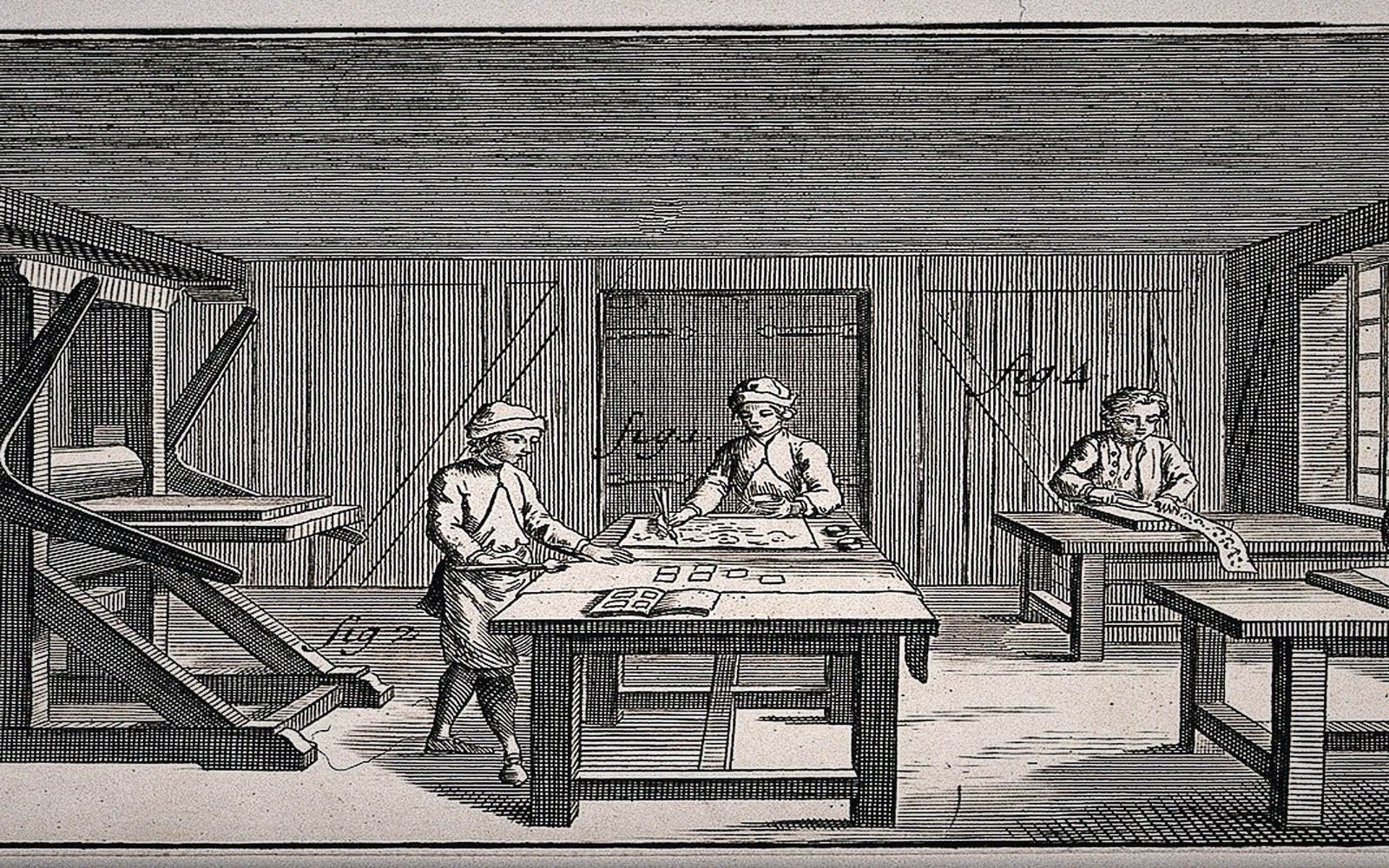 Engraving of a printer's workshop with a press and workers coloring plates at tables