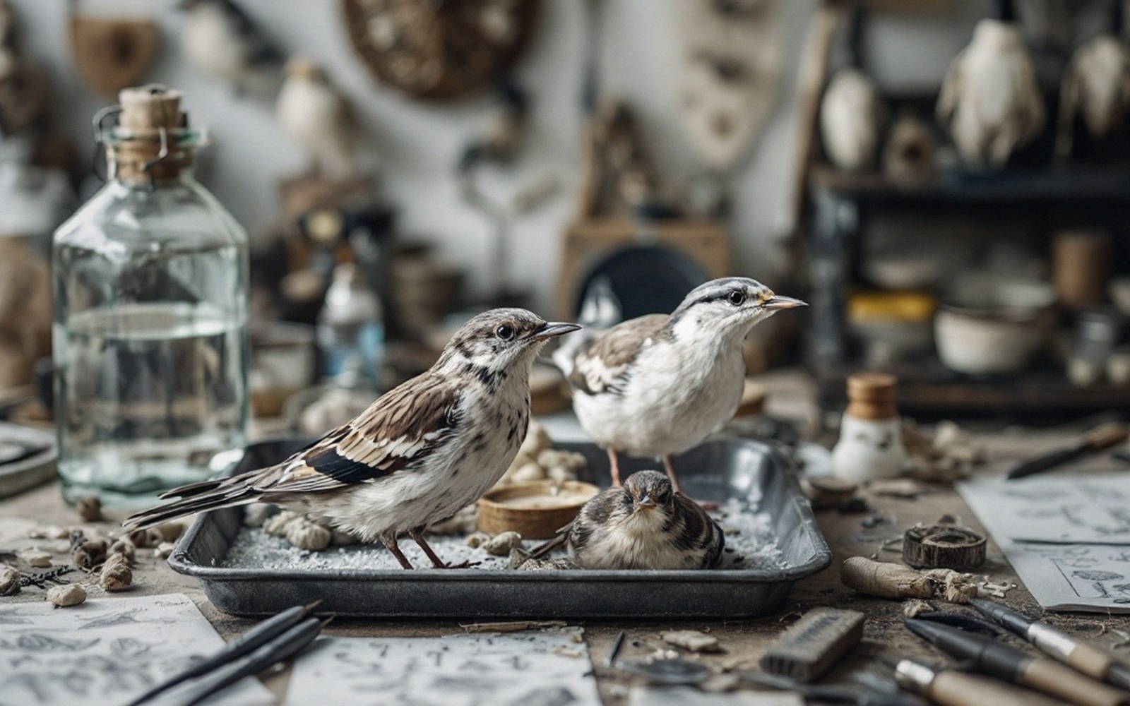 Taxidermy sparrows sit on a metal tray amid tools and jars in a workshop