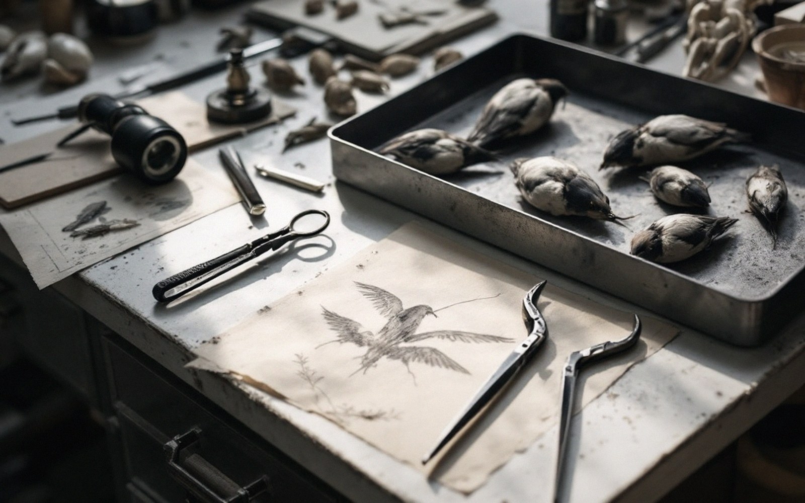 A hand lens and steel forceps on a pale bench beside a bird study skin
